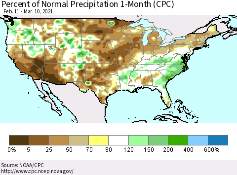 United States Percent of Normal Precipitation 1-Month (CPC) Thematic Map For 2/11/2021 - 3/10/2021