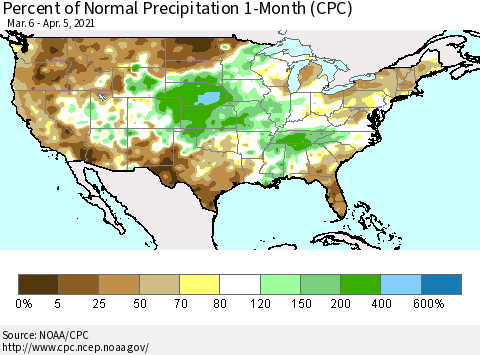 United States Percent of Normal Precipitation 1-Month (CPC) Thematic Map For 3/6/2021 - 4/5/2021