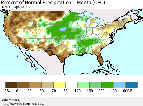 United States Percent of Normal Precipitation 1-Month (CPC) Thematic Map For 3/11/2021 - 4/10/2021