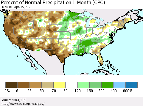 United States Percent of Normal Precipitation 1-Month (CPC) Thematic Map For 3/16/2021 - 4/15/2021