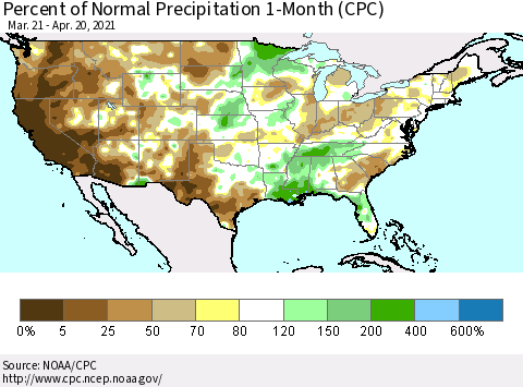 United States Percent of Normal Precipitation 1-Month (CPC) Thematic Map For 3/21/2021 - 4/20/2021