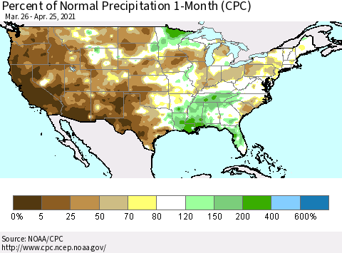 United States Percent of Normal Precipitation 1-Month (CPC) Thematic Map For 3/26/2021 - 4/25/2021