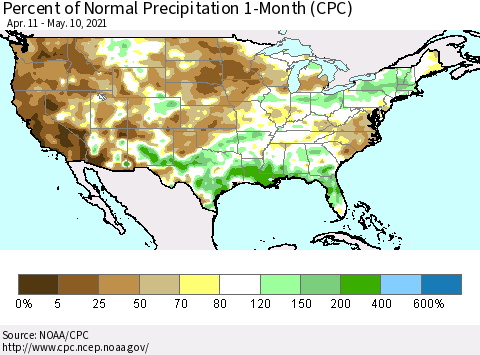United States Percent of Normal Precipitation 1-Month (CPC) Thematic Map For 4/11/2021 - 5/10/2021
