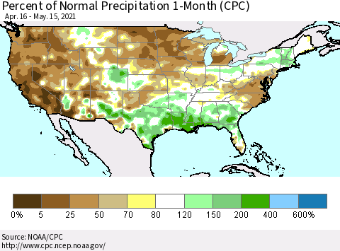 United States Percent of Normal Precipitation 1-Month (CPC) Thematic Map For 4/16/2021 - 5/15/2021