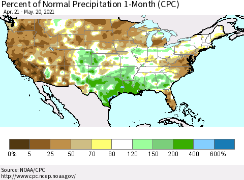 United States Percent of Normal Precipitation 1-Month (CPC) Thematic Map For 4/21/2021 - 5/20/2021
