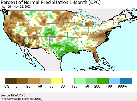 United States Percent of Normal Precipitation 1-Month (CPC) Thematic Map For 4/26/2021 - 5/25/2021