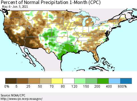 United States Percent of Normal Precipitation 1-Month (CPC) Thematic Map For 5/6/2021 - 6/5/2021