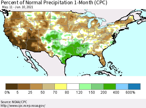 United States Percent of Normal Precipitation 1-Month (CPC) Thematic Map For 5/11/2021 - 6/10/2021