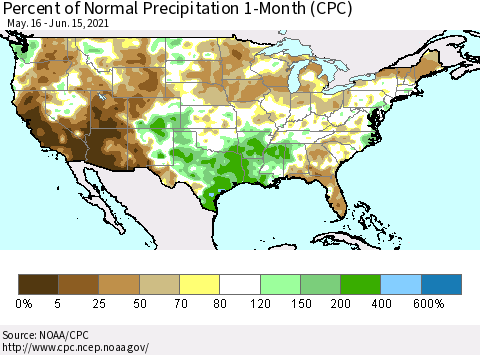 United States Percent of Normal Precipitation 1-Month (CPC) Thematic Map For 5/16/2021 - 6/15/2021