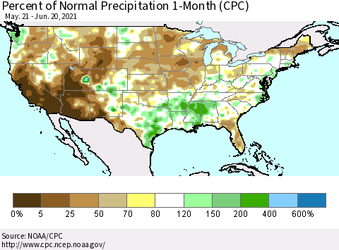 United States Percent of Normal Precipitation 1-Month (CPC) Thematic Map For 5/21/2021 - 6/20/2021