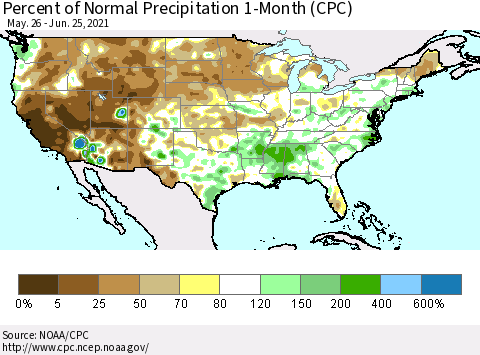 United States Percent of Normal Precipitation 1-Month (CPC) Thematic Map For 5/26/2021 - 6/25/2021
