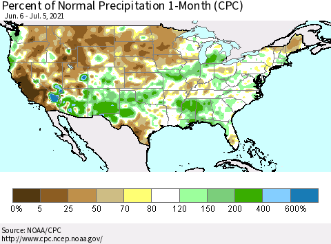 United States Percent of Normal Precipitation 1-Month (CPC) Thematic Map For 6/6/2021 - 7/5/2021