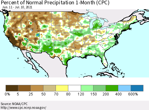 United States Percent of Normal Precipitation 1-Month (CPC) Thematic Map For 6/11/2021 - 7/10/2021