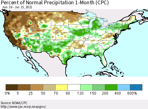 United States Percent of Normal Precipitation 1-Month (CPC) Thematic Map For 6/16/2021 - 7/15/2021