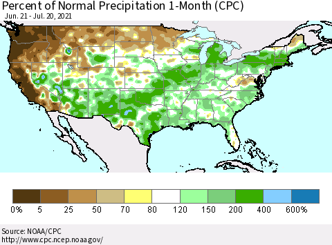 United States Percent of Normal Precipitation 1-Month (CPC) Thematic Map For 6/21/2021 - 7/20/2021