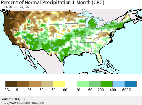 United States Percent of Normal Precipitation 1-Month (CPC) Thematic Map For 6/26/2021 - 7/25/2021