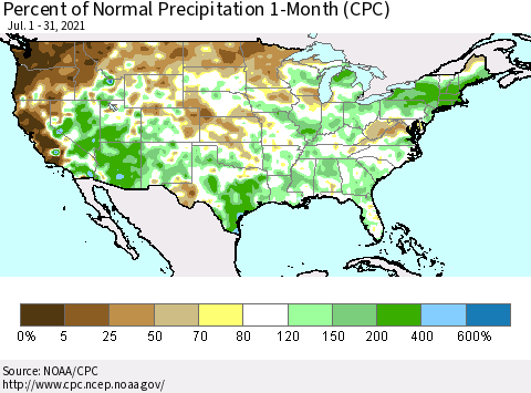 United States Percent of Normal Precipitation 1-Month (CPC) Thematic Map For 7/1/2021 - 7/31/2021