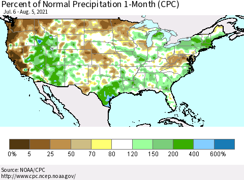 United States Percent of Normal Precipitation 1-Month (CPC) Thematic Map For 7/6/2021 - 8/5/2021
