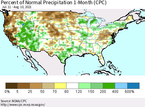 United States Percent of Normal Precipitation 1-Month (CPC) Thematic Map For 7/11/2021 - 8/10/2021