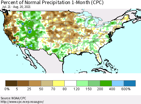United States Percent of Normal Precipitation 1-Month (CPC) Thematic Map For 7/21/2021 - 8/20/2021
