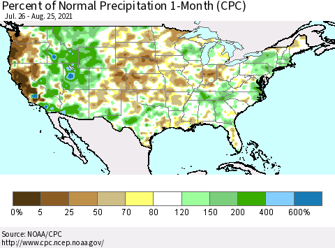 United States Percent of Normal Precipitation 1-Month (CPC) Thematic Map For 7/26/2021 - 8/25/2021