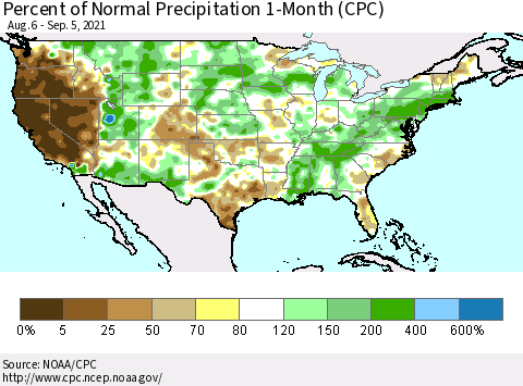 United States Percent of Normal Precipitation 1-Month (CPC) Thematic Map For 8/6/2021 - 9/5/2021