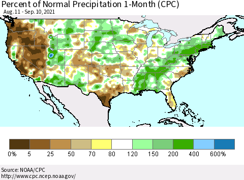 United States Percent of Normal Precipitation 1-Month (CPC) Thematic Map For 8/11/2021 - 9/10/2021