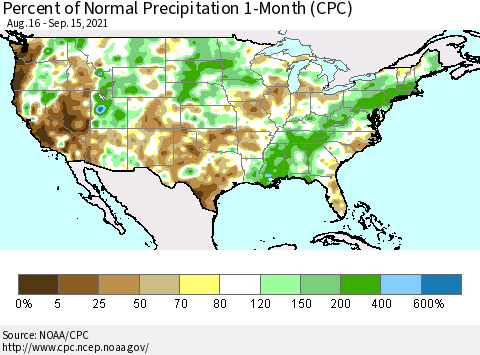 United States Percent of Normal Precipitation 1-Month (CPC) Thematic Map For 8/16/2021 - 9/15/2021