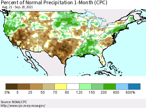 United States Percent of Normal Precipitation 1-Month (CPC) Thematic Map For 8/21/2021 - 9/20/2021