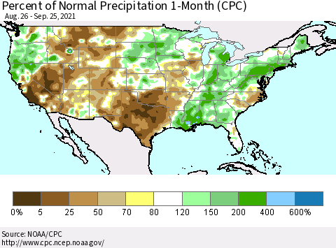 United States Percent of Normal Precipitation 1-Month (CPC) Thematic Map For 8/26/2021 - 9/25/2021