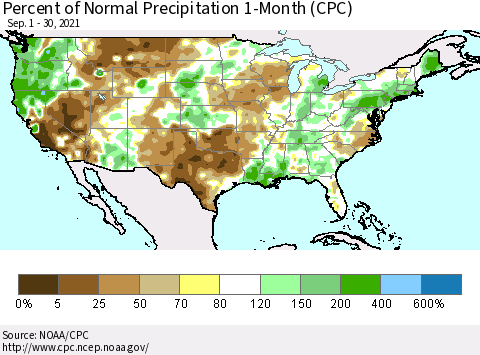 United States Percent of Normal Precipitation 1-Month (CPC) Thematic Map For 9/1/2021 - 9/30/2021