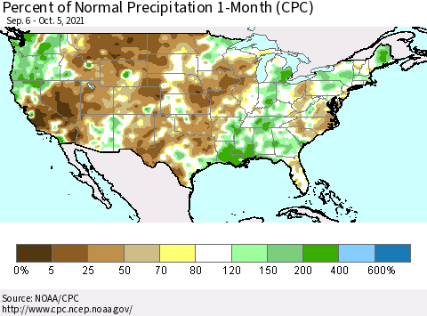 United States Percent of Normal Precipitation 1-Month (CPC) Thematic Map For 9/6/2021 - 10/5/2021