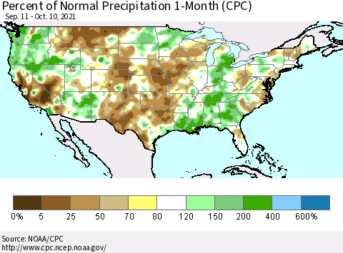 United States Percent of Normal Precipitation 1-Month (CPC) Thematic Map For 9/11/2021 - 10/10/2021