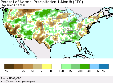 United States Percent of Normal Precipitation 1-Month (CPC) Thematic Map For 9/16/2021 - 10/15/2021