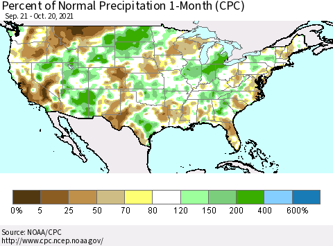 United States Percent of Normal Precipitation 1-Month (CPC) Thematic Map For 9/21/2021 - 10/20/2021