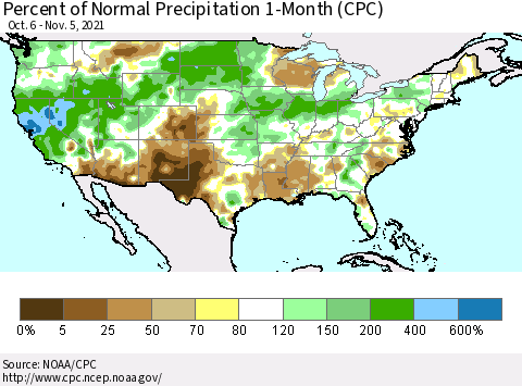 United States Percent of Normal Precipitation 1-Month (CPC) Thematic Map For 10/6/2021 - 11/5/2021