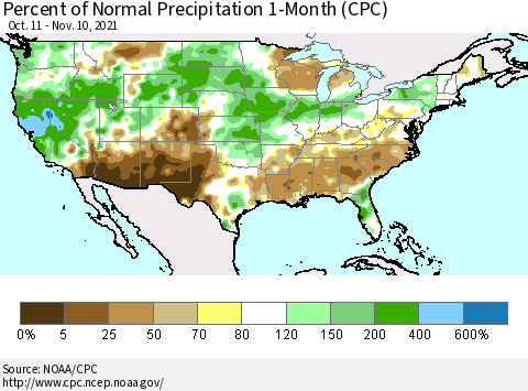 United States Percent of Normal Precipitation 1-Month (CPC) Thematic Map For 10/11/2021 - 11/10/2021