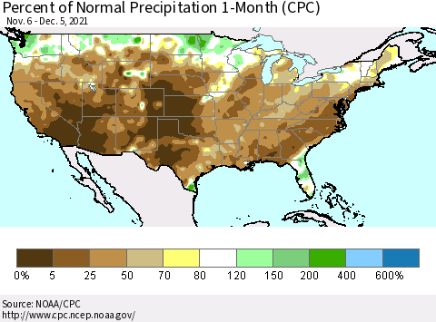 United States Percent of Normal Precipitation 1-Month (CPC) Thematic Map For 11/6/2021 - 12/5/2021
