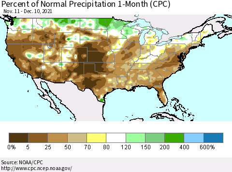 United States Percent of Normal Precipitation 1-Month (CPC) Thematic Map For 11/11/2021 - 12/10/2021