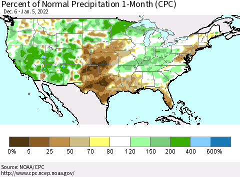 United States Percent of Normal Precipitation 1-Month (CPC) Thematic Map For 12/6/2021 - 1/5/2022