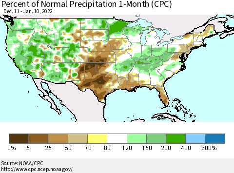 United States Percent of Normal Precipitation 1-Month (CPC) Thematic Map For 12/11/2021 - 1/10/2022