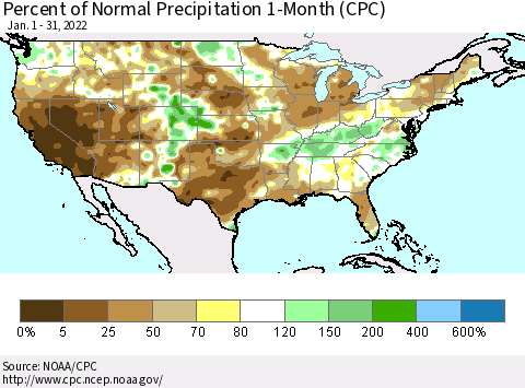 United States Percent of Normal Precipitation 1-Month (CPC) Thematic Map For 1/1/2022 - 1/31/2022