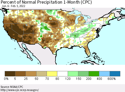United States Percent of Normal Precipitation 1-Month (CPC) Thematic Map For 1/6/2022 - 2/5/2022