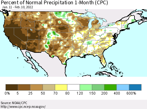 United States Percent of Normal Precipitation 1-Month (CPC) Thematic Map For 1/11/2022 - 2/10/2022