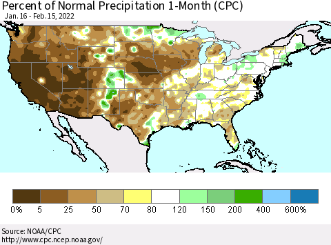 United States Percent of Normal Precipitation 1-Month (CPC) Thematic Map For 1/16/2022 - 2/15/2022