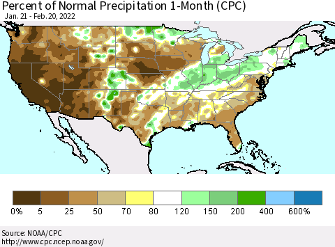 United States Percent of Normal Precipitation 1-Month (CPC) Thematic Map For 1/21/2022 - 2/20/2022