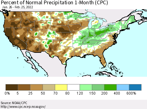 United States Percent of Normal Precipitation 1-Month (CPC) Thematic Map For 1/26/2022 - 2/25/2022