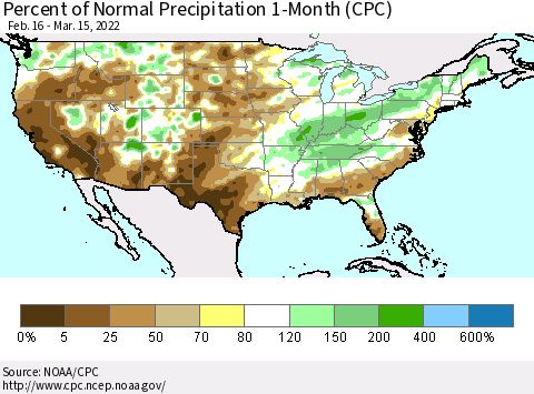 United States Percent of Normal Precipitation 1-Month (CPC) Thematic Map For 2/16/2022 - 3/15/2022