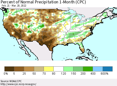 United States Percent of Normal Precipitation 1-Month (CPC) Thematic Map For 2/21/2022 - 3/20/2022