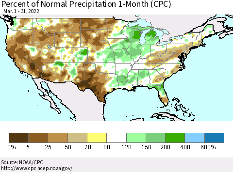 United States Percent of Normal Precipitation 1-Month (CPC) Thematic Map For 3/1/2022 - 3/31/2022